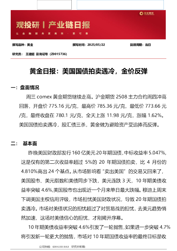 黄金日报：美国国债拍卖遇冷，金价反弹