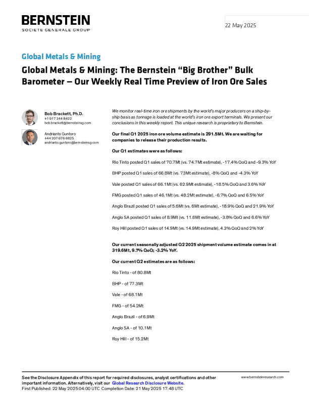 全球金属与采矿业伯恩斯坦老大哥大宗晴雨表——我们对铁矿石销售的每周实时预览
