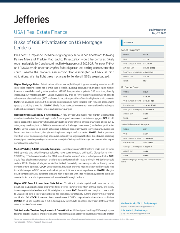 美国政府支持企业（gse）私有化对美国抵押贷款机构的风险