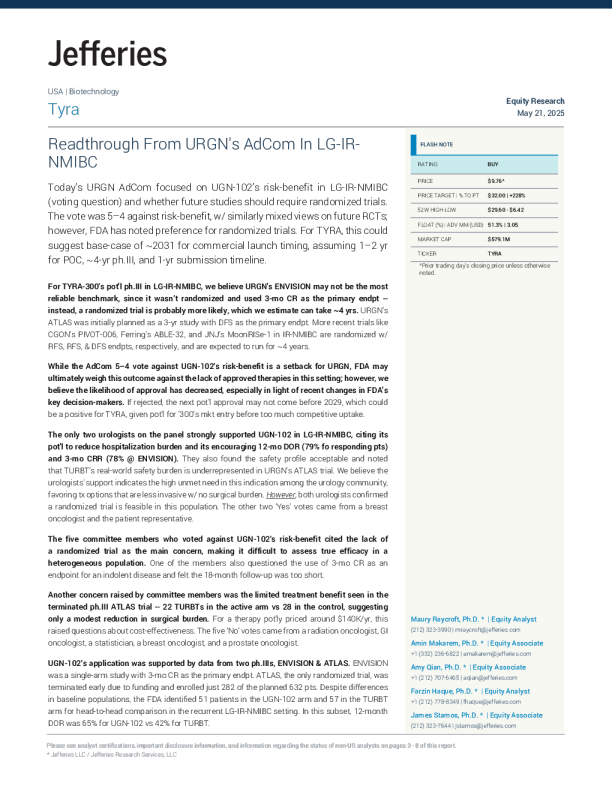 泰拉生物科学公司（TYRA）：URGN在LG-IR-NMIBC中AdCom会议的解读