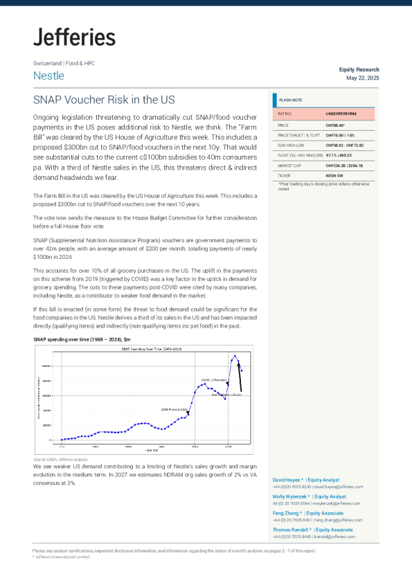 雀巢（NESN SW）：美国SNAP代金券风险