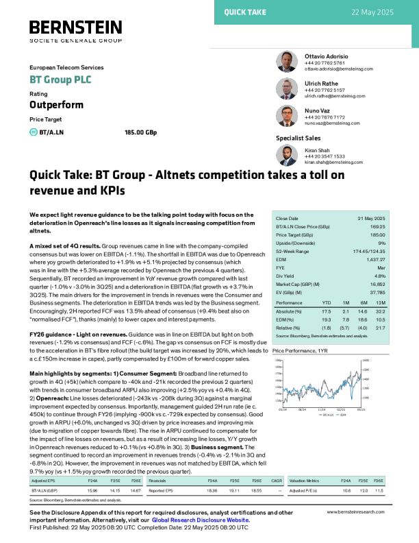 英国电信集团（BT）：替代网络竞争对收入和关键绩效指标造成影响
