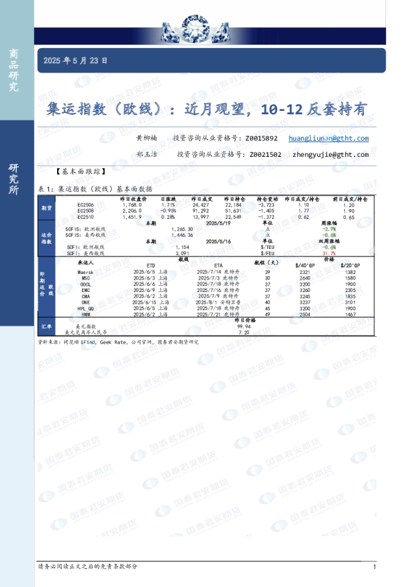 集运指数（欧线）：近月观望，10-12反套持有