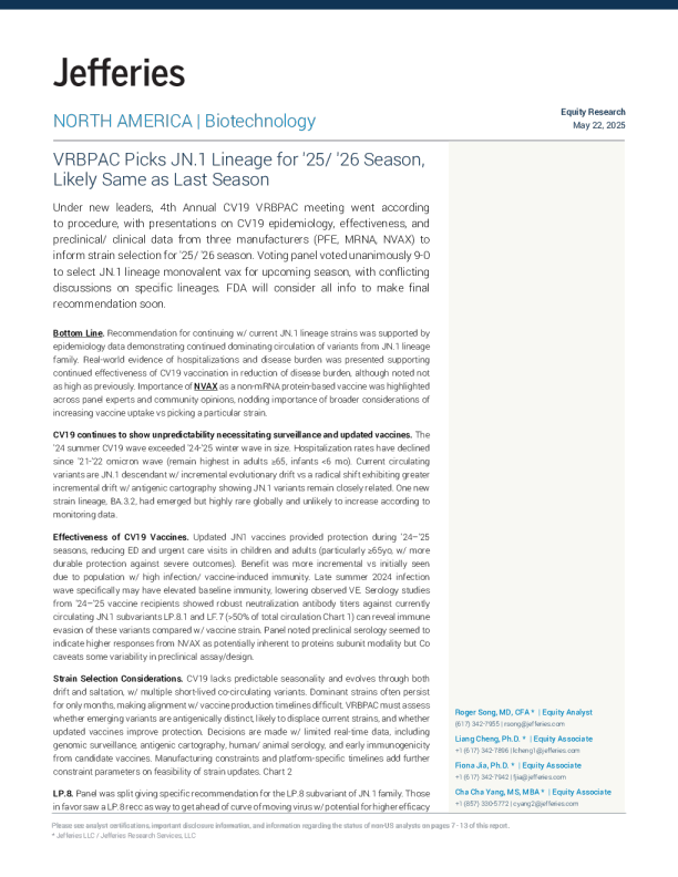 VRBPAC选择JN.1谱系用于2025/2026季节，可能与上一季相同