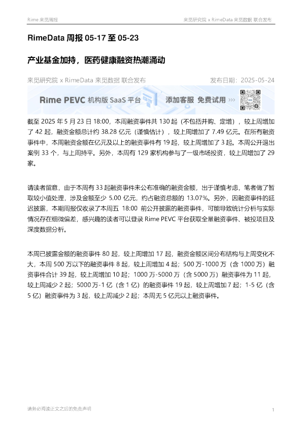 RimeData周报：产业基金加持，医药健康融资热潮涌动