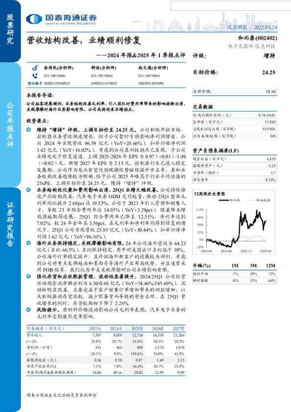 营收结构改善,业绩顺利修复-2024年报＆2025年1季报点评