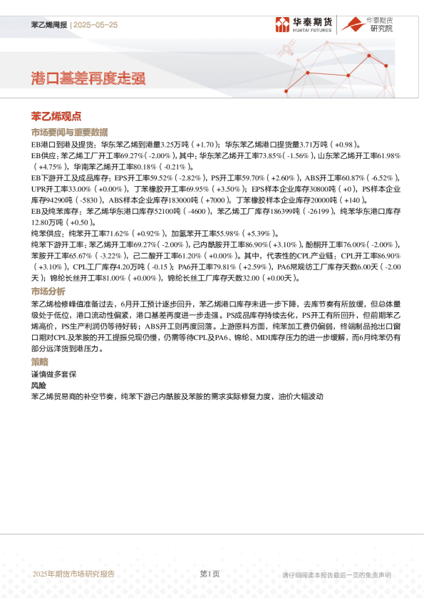苯乙烯周报：港口基差再度走强