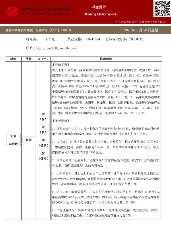 格林大华期市早班车：股指