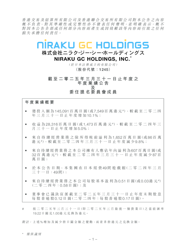 NIRAKU:截至二零二五年三月三十一日止年度之年度业绩公告及委任提名委员会成员