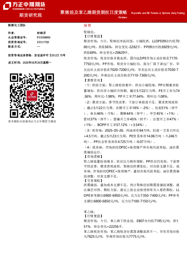 聚烯烃及苯乙烯期货期权日度策略