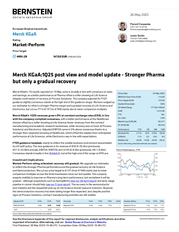 默克集团：2025年第一季度后观点及模型更新-制药业务更强但仅逐步复苏