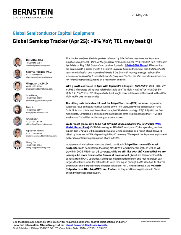 全球半导体资本设备：全球半导体资本设备追踪（2025年4月）：同比增长8%；东京电子可能超出第一季度预期
