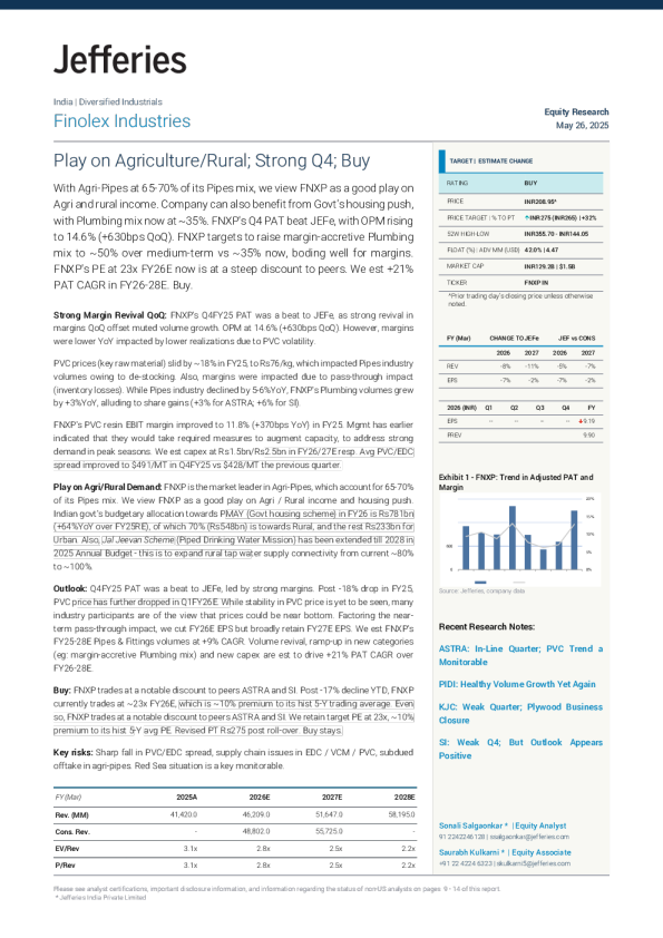 Finolex Industries：农业/农村领域的投资机会；第四季度表现强劲；买入