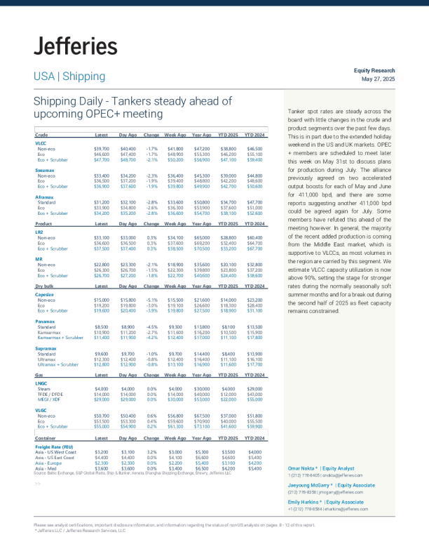 航运日报-油轮在即将到来的OPEC+会议前保持稳定