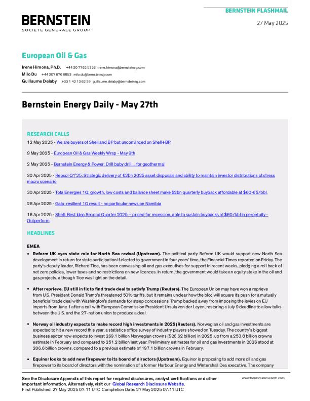 伯恩斯坦能源日报- 5月27日