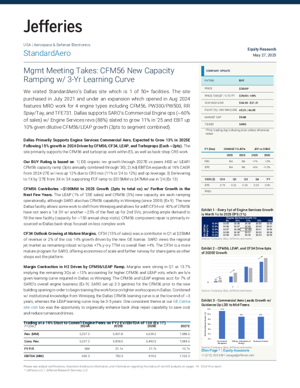 标准航空（SARO）：管理层会议要点：CFM56新产能将在3年学习曲线下逐步提升