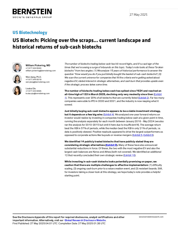 美国生物技术：筛选残余……低于现金水平的生物技术公司的当前格局和历史回报