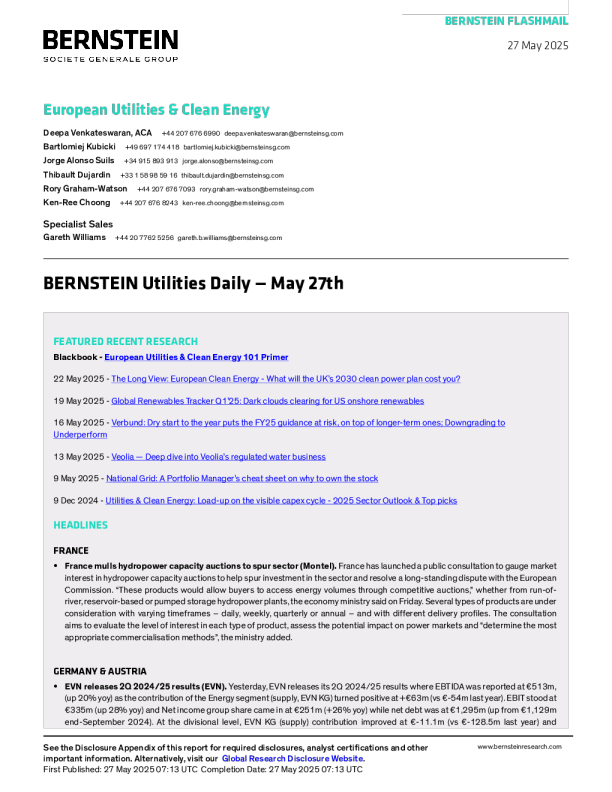 伯恩斯坦公用事业日报- 5月27日