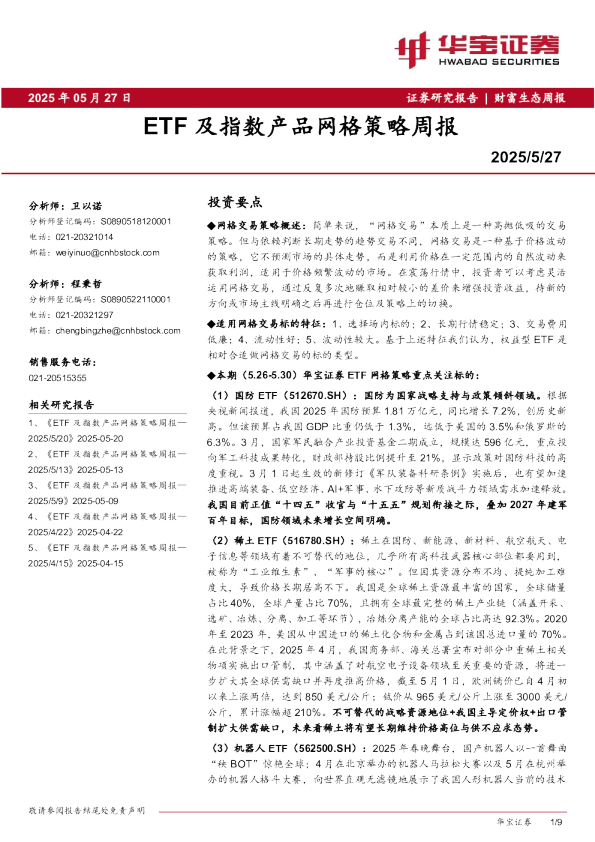 ETF及指数产品网格策略周报