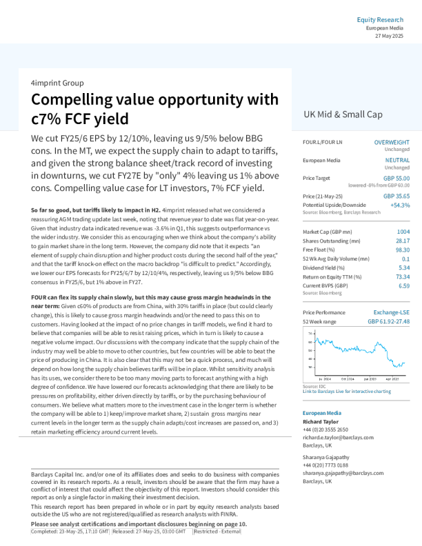 4imprint集团：具有约7%自由现金流收益率的诱人价值机会