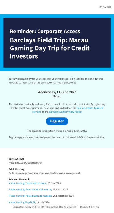 提醒：企业访问巴克莱实地考察：澳门博彩业信贷投资者一日游