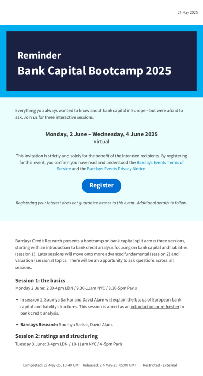 2025年银行资本训练营提醒