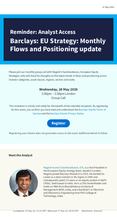 提醒：分析师访问巴克莱：欧盟策略：月度资金流向和持仓更新