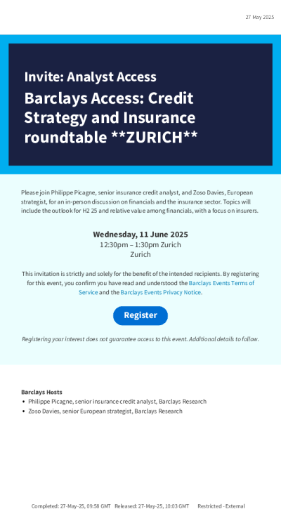 邀请：分析师访问巴克莱访问：信用策略与保险圆桌会议苏黎世