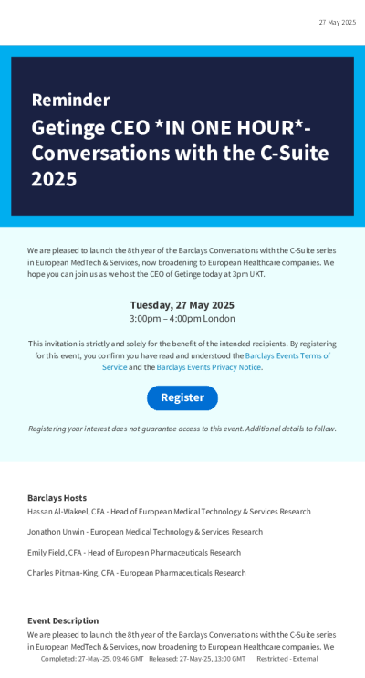 提醒：洁定集团首席执行官一小时后- 2025年与高层对话