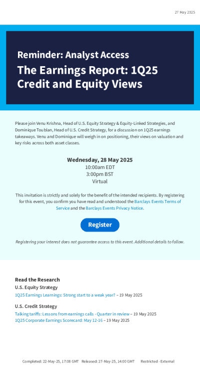 提醒：分析师访问收益报告：2025年第一季度信贷和股票观点