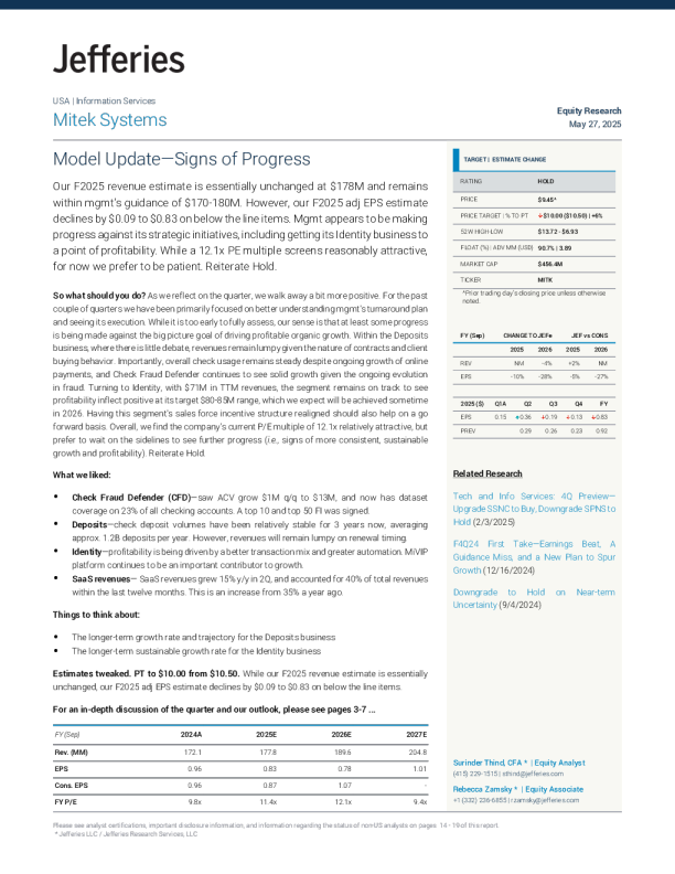 米泰克系统公司（MITK）：模型更新——进展迹象