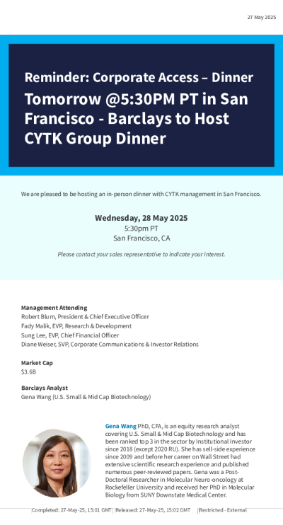 提醒：企业对接-明日太平洋时间下午5:30在旧金山举办晚宴-巴克莱银行将主办CYTK集团晚宴