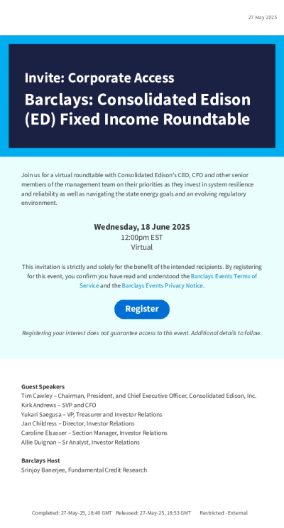 邀请：企业对接巴克莱：联合爱迪生公司（ED）固定收益圆桌会议