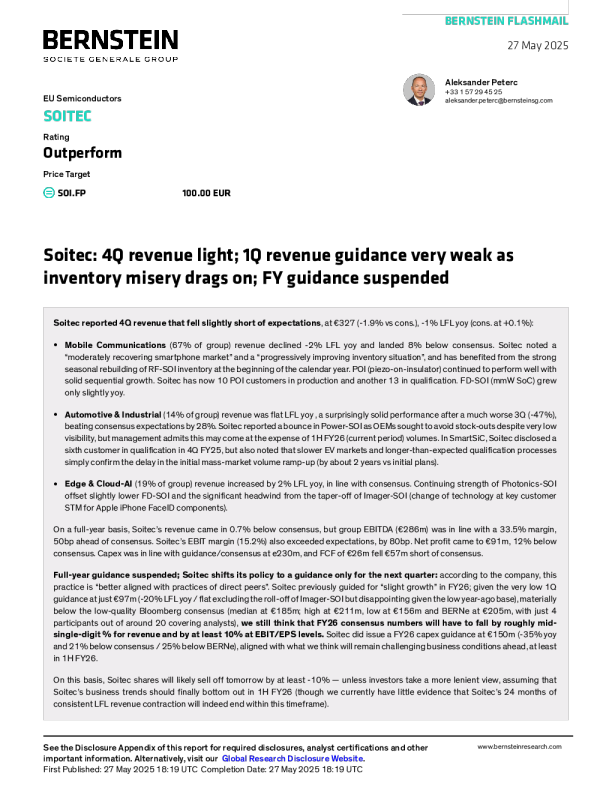 Soitec：第四季度收入清淡；由于库存困境持续，第一季度收入指引非常疲软；财年指引暂停