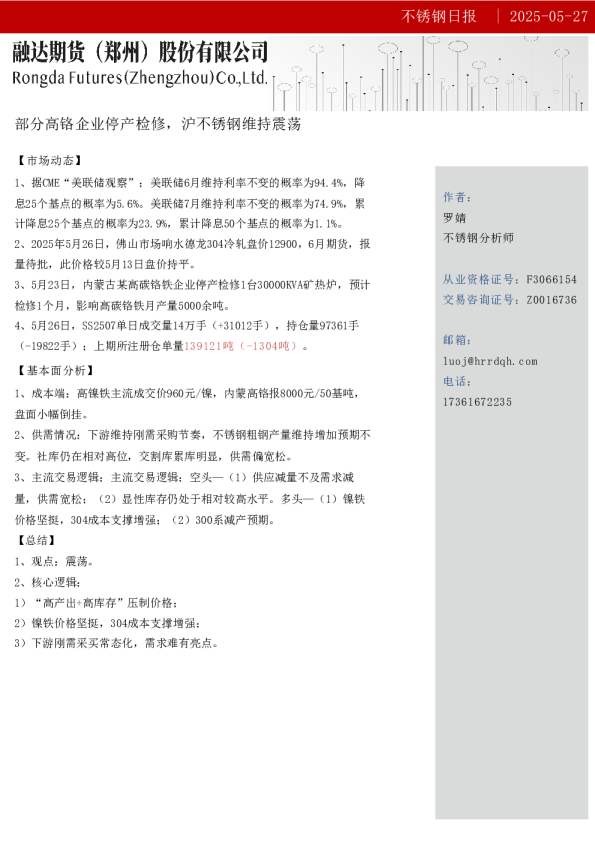 不锈钢日报-部分高铬企业停产检修，沪不锈钢维持震荡 