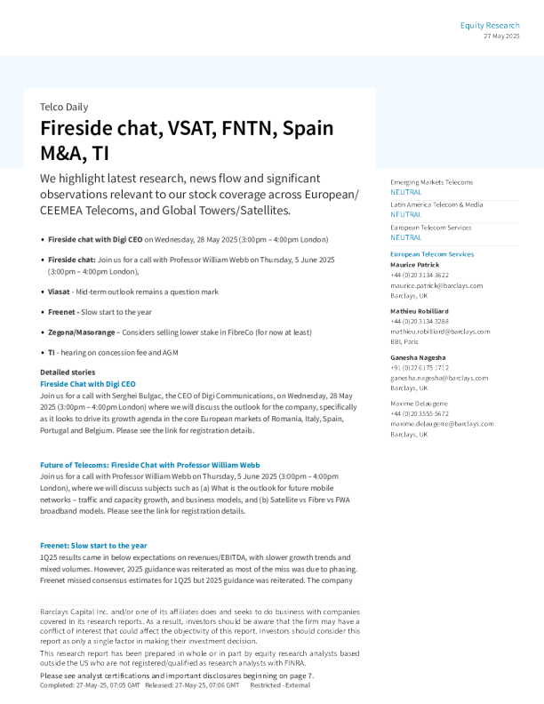 炉边谈话、甚小口径终端（VSAT）、弗利内特（FNTN）、西班牙并购、TI