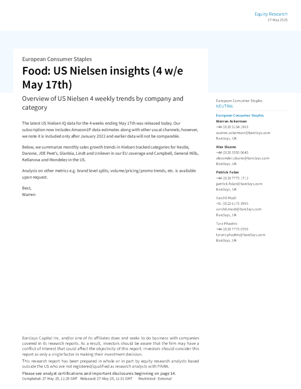 食品：美国尼尔森洞察（截至5月17日的4周数据）：按公司和类别划分的美国尼尔森4周趋势概述