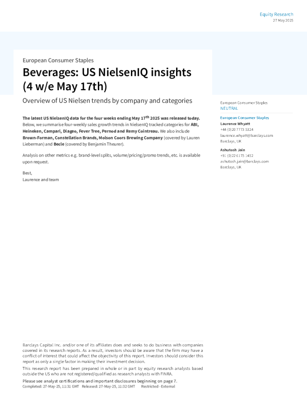 饮料：美国nielseniq洞察（截至5月17日的4周数据）：按公司和类别划分的美国nielsen趋势概述