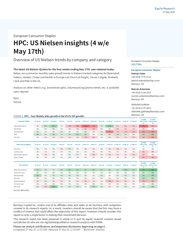家庭及个人护理：美国尼尔森洞察（截至5月17日的四周数据）：按公司和类别划分的美国尼尔森趋势概述