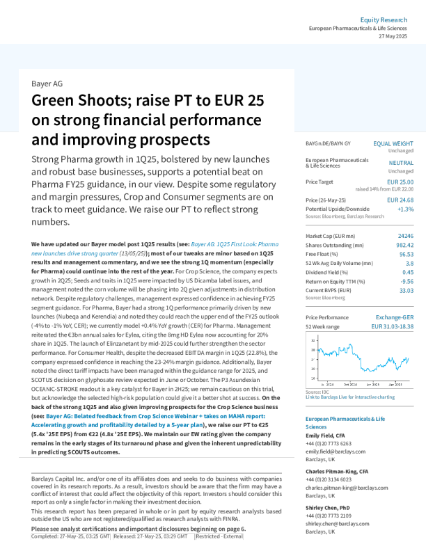 拜耳AG：绿色萌芽；基于强劲财务表现及改善前景，将目标价上调至25欧元
