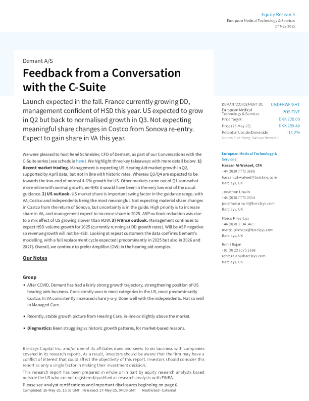 与Demant A/S高管层对话的反馈