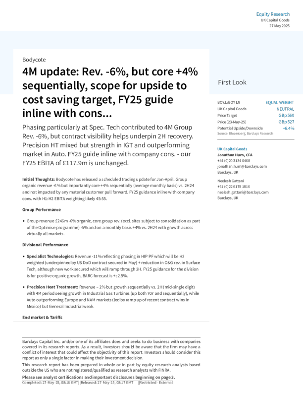博迪科特4个月更新：收入下降6%，但核心业务环比增长4%，成本节约目标有上调空间，2025财年指引符合预期