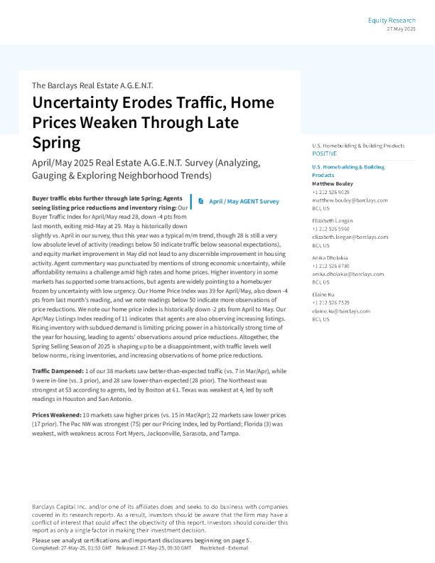 不确定性能削弱购房流量，房价在晚春时节走弱：2025年4月5月房地产A.G.E.N.T.调查（分析、衡量和探索社区趋势）