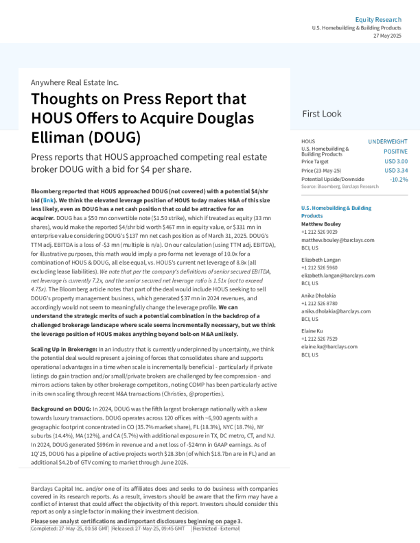 任意房地产公司（HOUS）：关于HOUS提议收购道格拉斯·埃利曼（DOUG）的新闻报道的思考