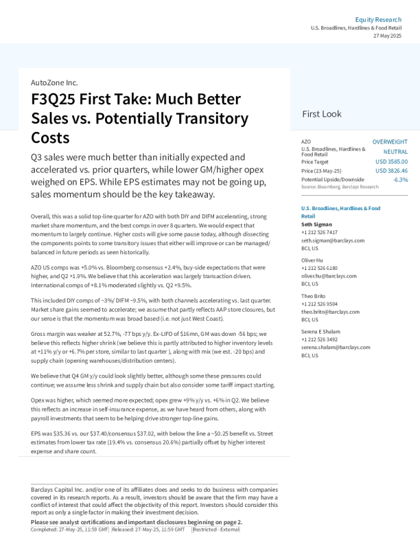 AutoZone Inc. F3Q25初步评估：销售表现远超预期，成本或为暂时性因素