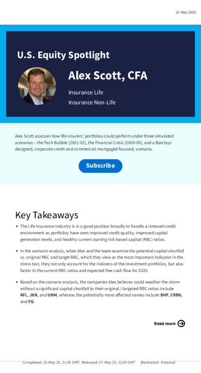美国股票聚焦：人寿保险公司在压力情景下的投资组合表现评估