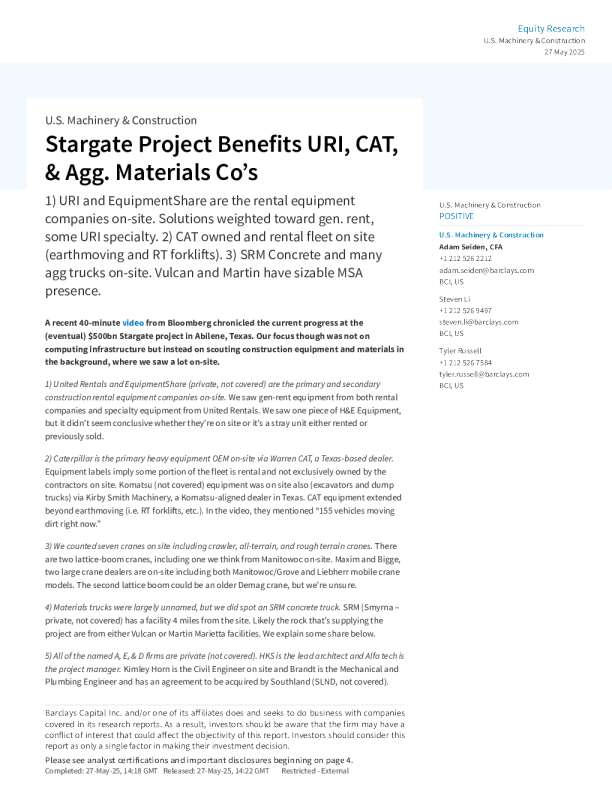 星门项目使URI、CAT和集料材料公司受益