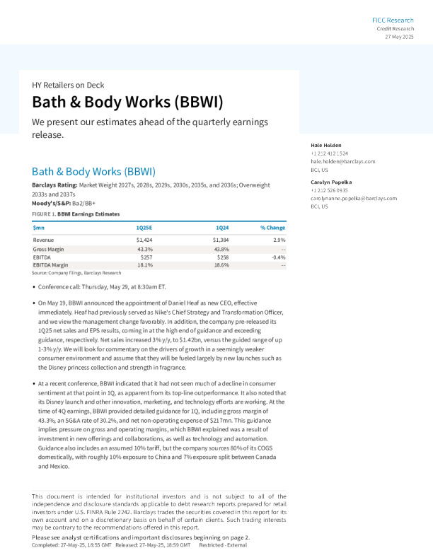 高收益零售商展望：Bath & Body Works (BBWI)