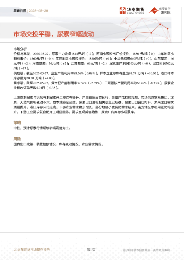 尿素日报:市场交投平稳,尿素窄幅波动