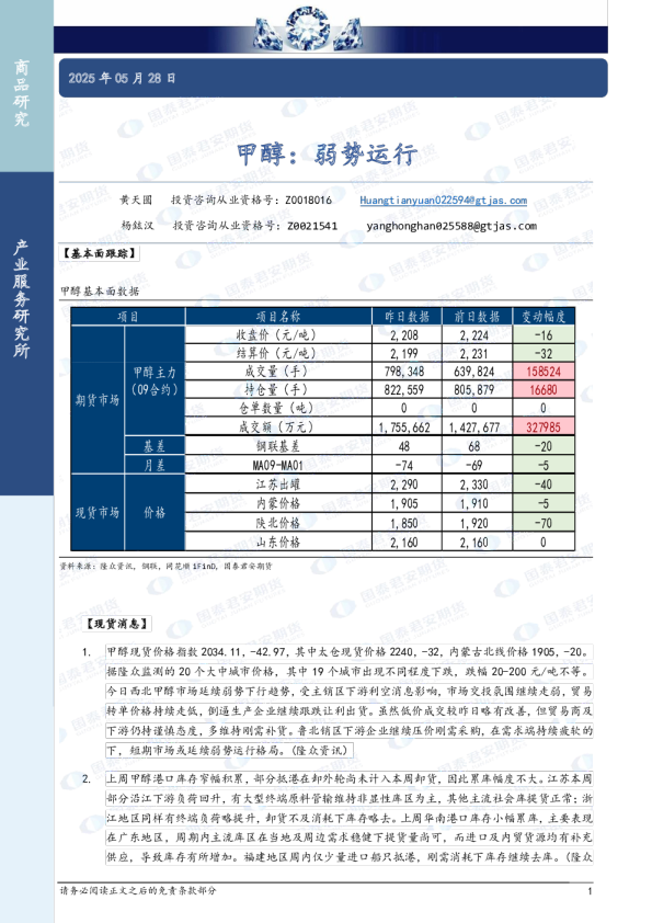 甲醇：弱势运行